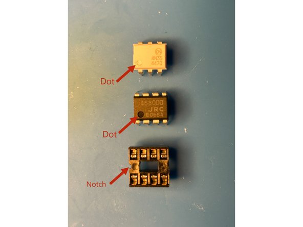 Make sure to properly orient the Optocouplers, OpAmp Socket, and OpAmp.  Pin one is designated with a dot on the package of both the optocoupler and the opamp.  The notch on the OpAmp socket should align with the notch designated on the PCB silkscreen.  The OpAmp and the Optocouplers should be installed with the dot closest to the notch.