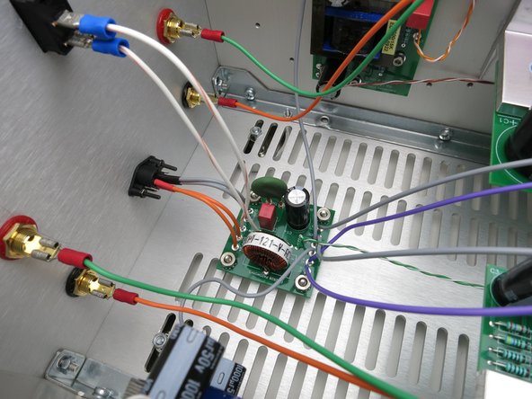 Back panel and bottom panel connections on completed amplifier.