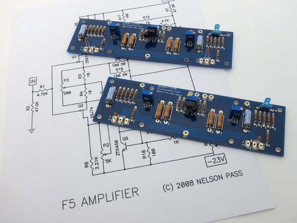At this point the amplifier PCBs should look like this - all components stuffed except power transistors, and the thermistors not bent.