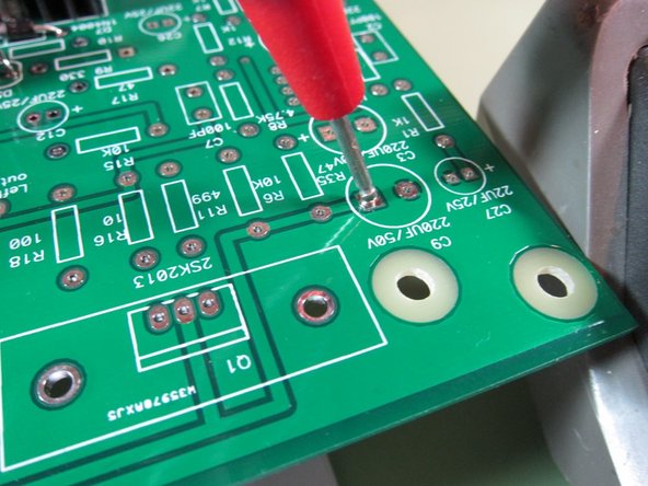 The square pad of C9 is a good place to test V+