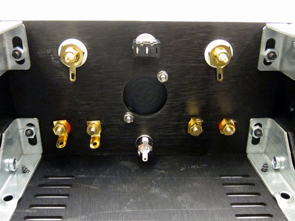 Third image: This photo shows some small errors - Please place the Red speaker posts inboard of the black and rotate the switch 90deg so the terminals are on the bottom and center. Later photos will show why.