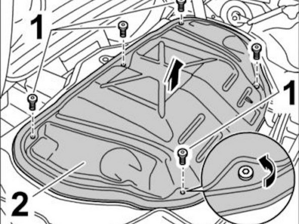 The metallic engine cover is now fully visible. There are 5 screws to remove with the 4 mm Torx driver (red circles).