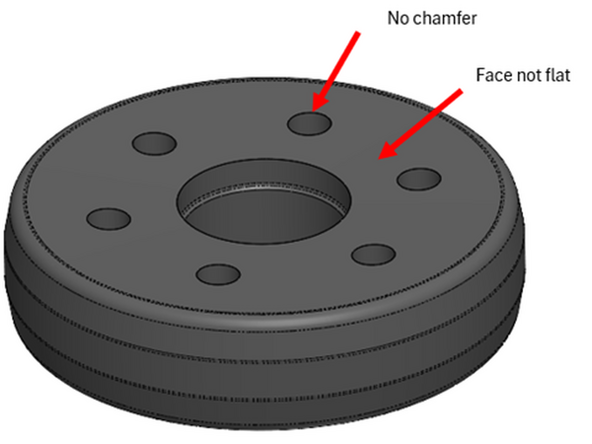 
3. Apply high strength (red) thread locker on shim hold thread and screw it in piston at 13 Nm. &bull; Caution: Ensure no thread locker compound ends up on the shims. This will severely affect performance. &bull; Caution: Piston is not identical on each face. Shim stack shall be installed against the taper face without chamfer on holes.
