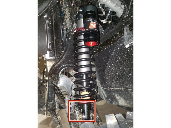 On Stage 2, Stage 4 and Stage 5 models, the lower shock eyelets should be installed with the rebound adjuster (red square) oriented towards the back of the vehicle as shown by the Red square on the photo ( Right side shown ). If needed, you can turn the lower eyelet to orient properly.