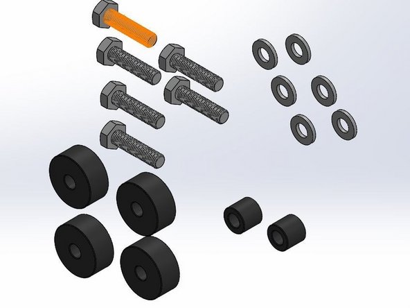 To avoid interference with the brackets that secure the radiator and the sway bar, install the spacers supplied between the brackets and the frame as shown. Use the big spacers in the places shown with red circles and small spacers in the place indicated by a yellow circle. Secure with the longer bolts provided.