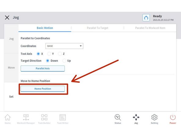 Press and hold Home Position until a Homing mode completed pop-up appears.