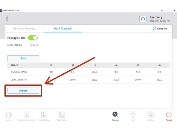 Tap and hold Unpack until the arm is fully extended.