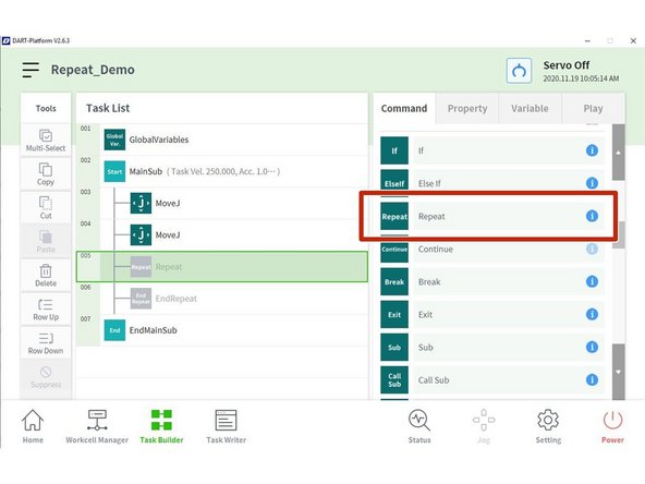 Add the command Repeat where you want to create the loop or condition.