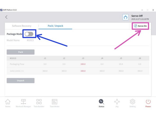 Enable Packing Mode (it should turn on the servo automatically)