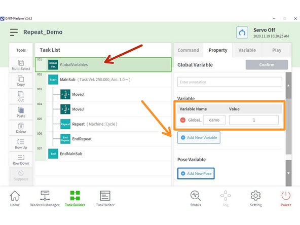 Select  New Variable and type a name and confirm it.