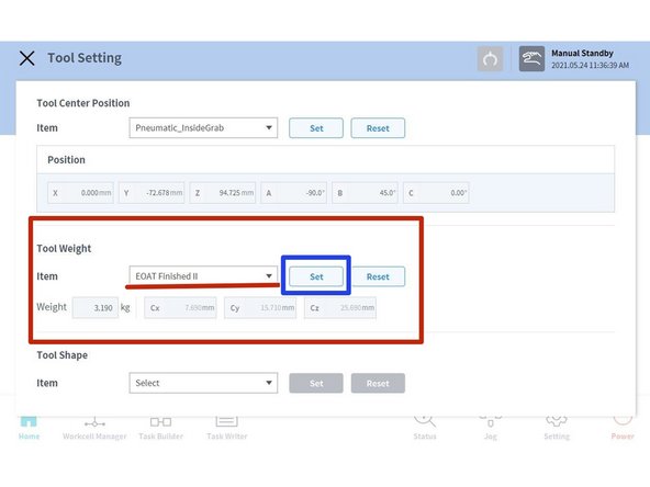 Tap on the item  drop-down menu and select the tool weight that is currently on the EOAT(End of arm tooling)