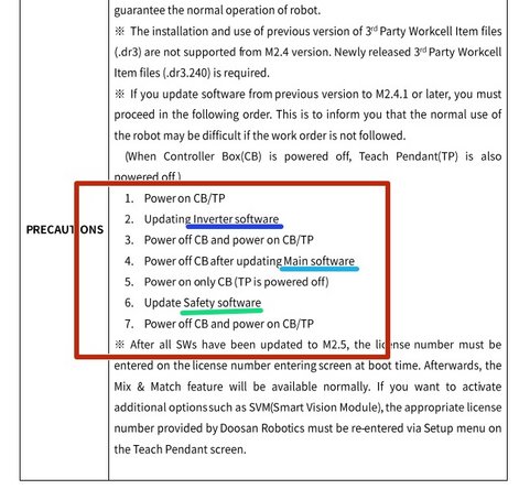 If your cobot is M2.4 and you want to update to M2.4.1 you  MUST check the previous Release Note  which is M2.4 and make sure all the files installed match with the info displayed on the Teach Pendant Settings&gt;Update