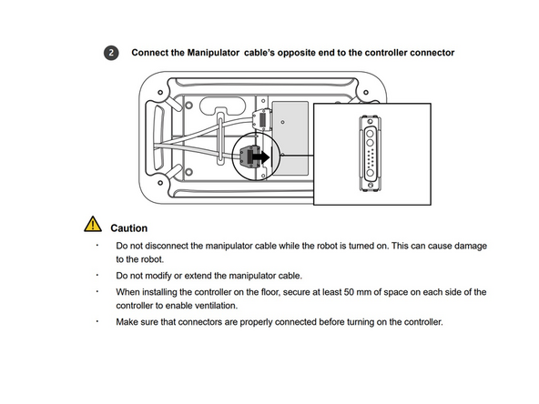 Connect the Manipulator cable to the controller, place a securing ring Connect the Manipulator cable’s opposite end to the controller connector