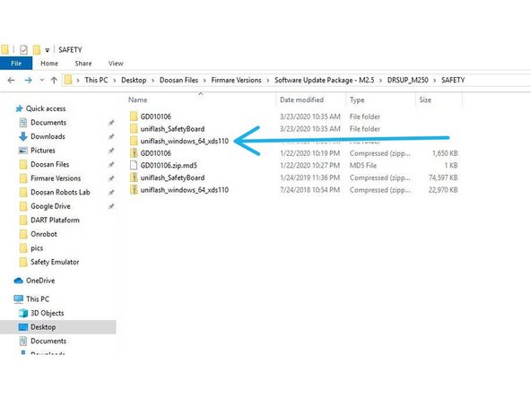 Unzip &amp; copy the files from the SAFETY folder. For versions M2.5 or lower ( files from folder downloaded are in the update package from Doosan Robotics Lab)  named uniflash_windows_64_xds110