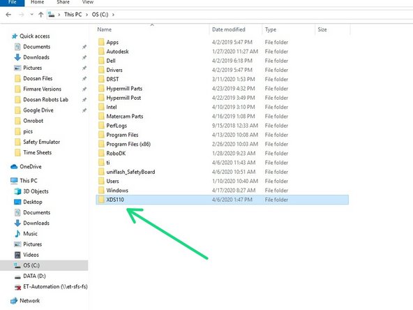 Create a folder named XDS110 in C drive  e.g. C:\XDS110