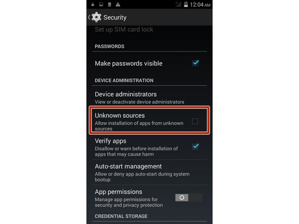 Scroll down to Unknown source and press the checkbox to enable
