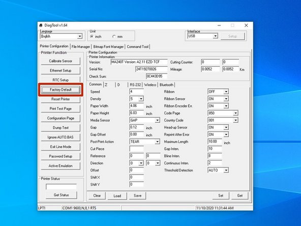 Load the printer in the Diagnostic Tool software.