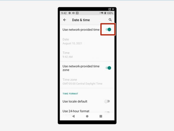 Tap on the green bar next to "Use network-provided time" so it turns grey.