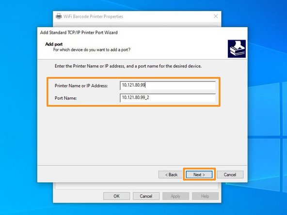 In the first text box, enter the IP address the printer is assigned to. This should also populate the &quot;Port Name&quot; box. Hit &quot;Next&quot; at the bottom right.