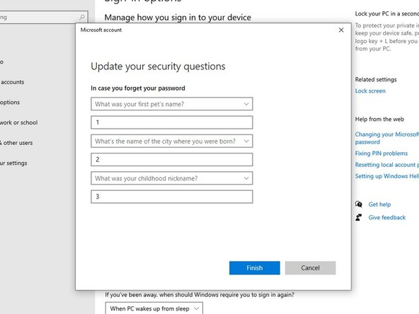 Select your new questions and fill in the appropriate answers. Make sure you'll be able to remember these answers. If you forget the admin password, this is the only way to reset it.