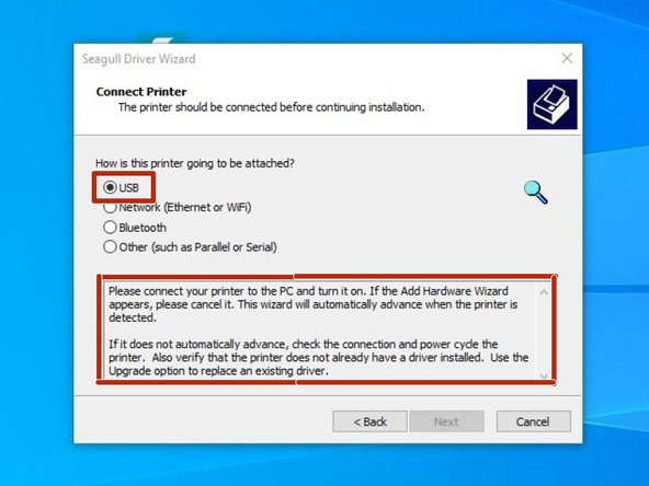 If you have connected the printer via USB prior to downloading and installing the drivers, your computer will automatically detect the printer. Click &quot;Next&quot; to continue.