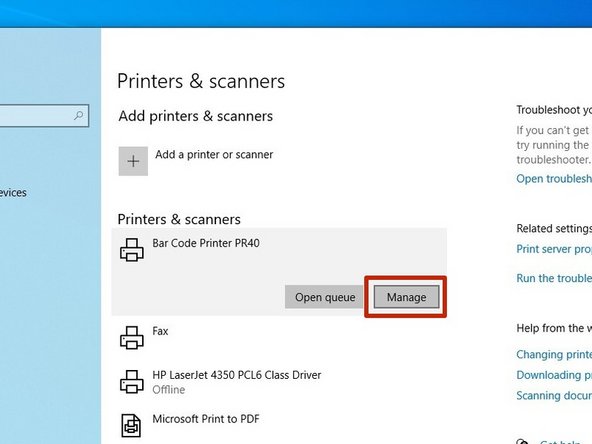 Open the "Printers &amp; Scanners" menu in Windows. Click on the printer we just set up a port for.