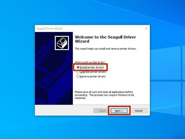 After installation is completed, the Driver Wizard will start. Choose the option to &quot;Install printer drivers&quot; and click &quot;Next&quot;.