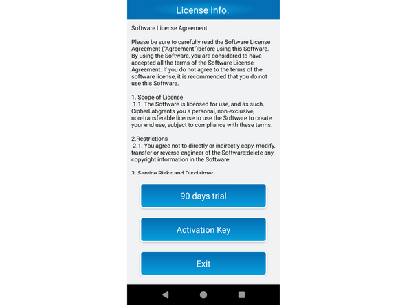 The license page will appear the first time you open the app. Ensure you have a license through EMS Barcode. If not, select the trial version to proceed.