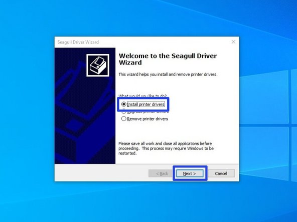 After installation is completed, the Driver Wizard will start. Choose the option to "Install printer drivers" and click "Next."