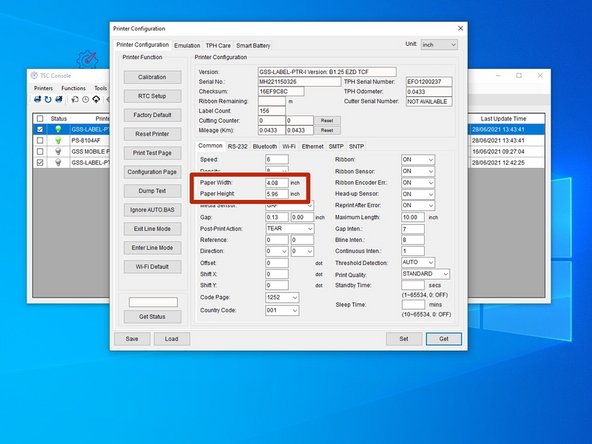In the  GSS Certified Printer Tool, select "Get," the correct label size should then be displayed (within a few hundredths of an inch is fine).