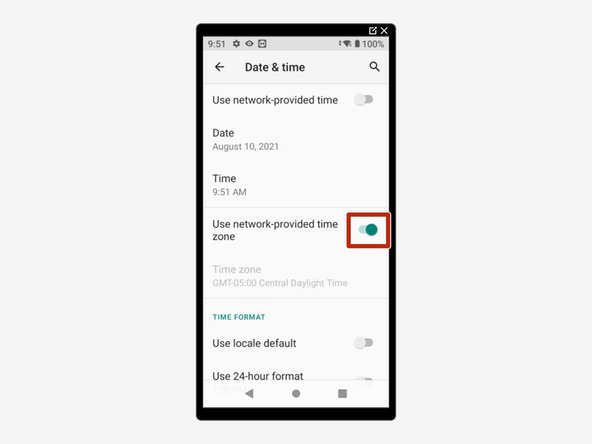 Tap on the green bar next to "Use network-provided time zone" so it turns grey.
