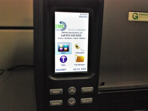 Flip the power switch to make sure the printer turns on. If it does, the screen should light up and display the EMS logo and phone number.