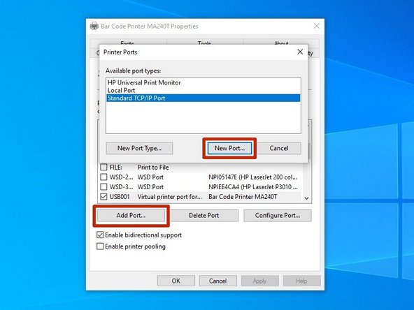 Click "Add Port," and then in the new window, select "Standard TCP/IP Port." Click "New Port" to confirm the selection.
