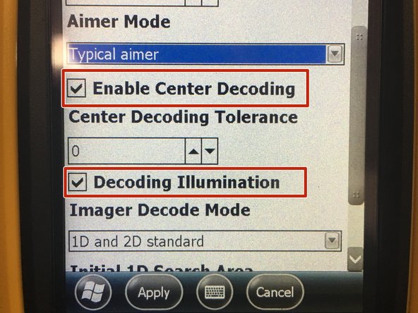 Enable Center Decoding - Enabling Center Decoding narrows the scan engine to focus on capturing only the barcodes that are on the center dot when pulling the trigger. This helps if you are scanning from a distance and are capturing other barcodes in the field of view.