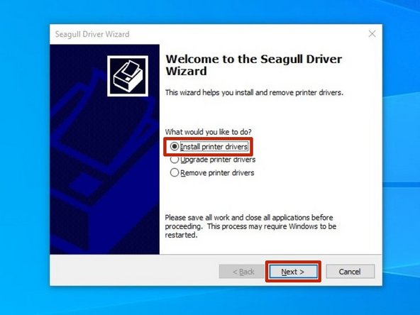 After installation is completed, the Driver Wizard will start. Choose the option to &quot;Install Printer Drivers&quot; and click &quot;Next.&quot;