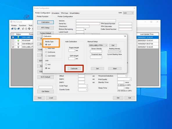 In the Printer Configuration Menu, select the 'Calibration' option under the 'Printer Function' table.