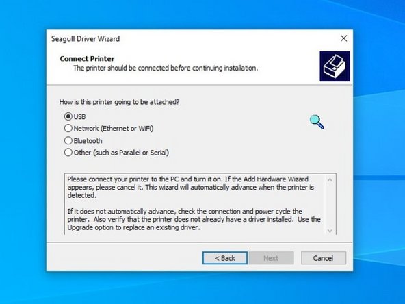 If you have connected the printer via USB prior to downloading and installing the drivers, your computer will automatically detect the printer. Click &quot;Next&quot; to continue.