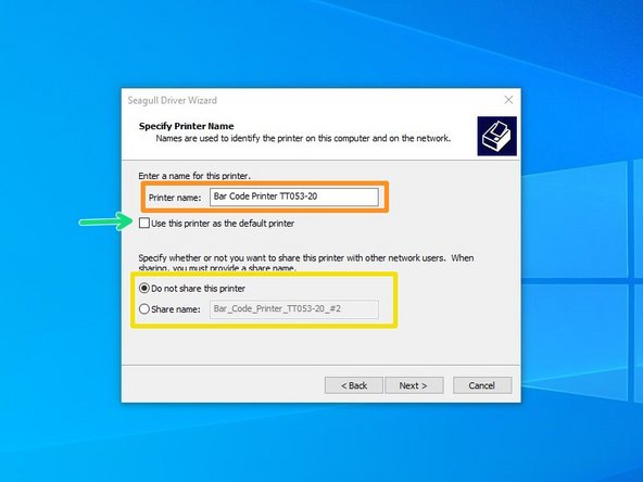 There are some things that can be customized before installation of the driver. You can choose to rename the printer (Orange), check it as the Default printer (Green), and make it visible on your network with a specific name (Yellow). Hit &quot;Next&quot; when you've made your choices.