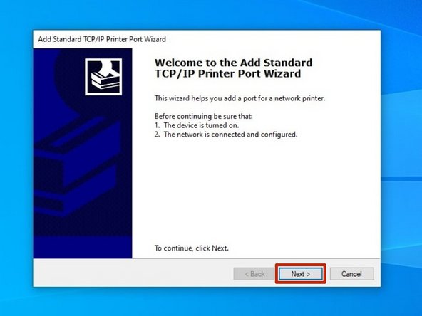 Make sure the printer is turned on, connected to the network, and configured, then select &quot;Next.&quot; See the general set up guide [link] and the guide to Assign an IP [link].
