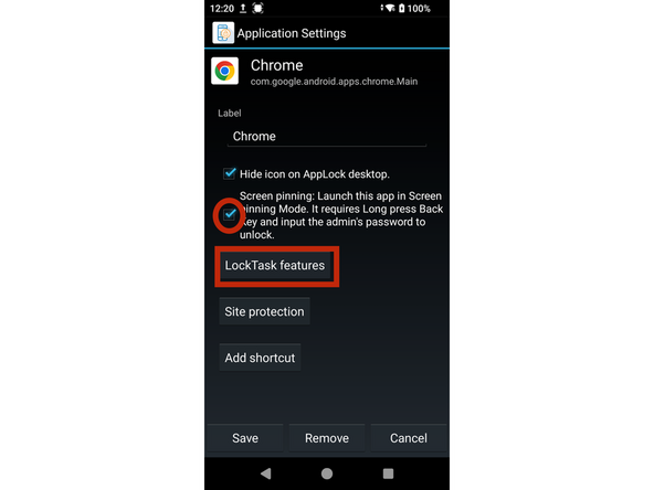 After tapping on the Chrome app in App Management, enable Screen Pinning by checking the small box—this will allow LockTask features to be accessed.