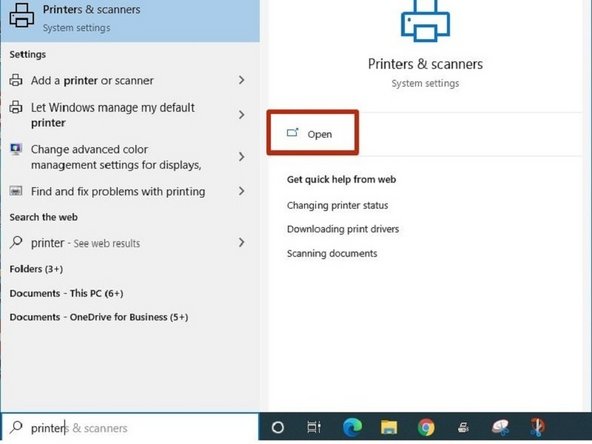 Search for 'Printers &amp; Scanners' in the Windows taskbar search bar.