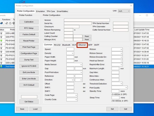In the Printer Configuration Menu select the 'Ethernet' tab in this menu.