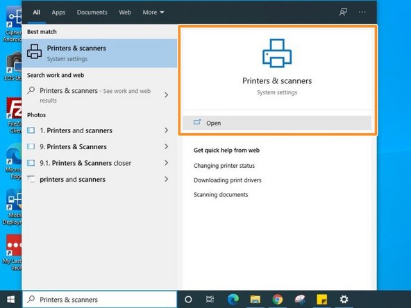 Use the windows search bar on your taskbar to find and open &quot;Printers &amp; Scanners&quot;.