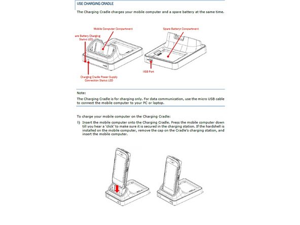 This section also includes a description of possible charging issues deciphered by the cradle LED.