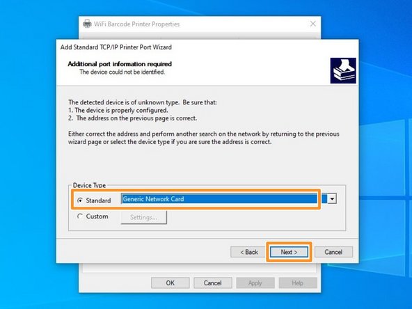 Select the option for &quot;Standard&quot; device type, and from the dropdown select &quot;Generic Network Card&quot; - this is the built-in network card of the printer. Once it's selected, hit the &quot;Next&quot; button.
