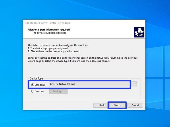 Select the option for "Standard" device type, and from the drop-down menu select "Generic Network Card" - this is the built-in network card of the printer. Then hit "Next."