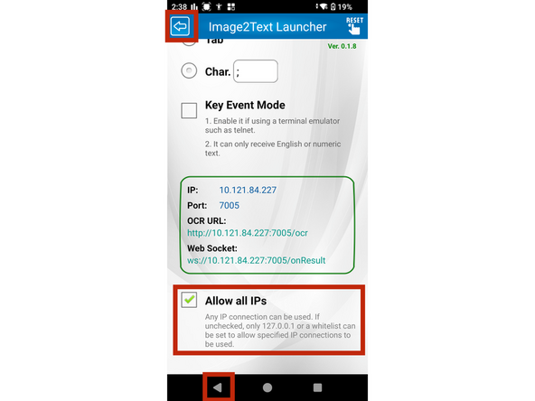 Once all settings are matched, tap the Back button highlighted in the red boxes—either one will work.
