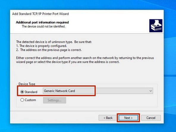 Select the option for &quot;Standard&quot; device type, and from the dropdown select &quot;Generic Network Card.&quot; Once it's selected, hit the &quot;Next&quot; button.