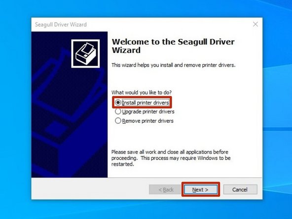 After installation is completed, the Driver Wizard will start. Choose the option to &quot;Install printer drivers&quot; and click &quot;Next.&quot;