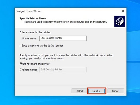 There are some things that can be customized before installation of the driver. You can choose to rename the printer (Orange), check it as the Default printer (Green), and make it visible on your network through your computer (Yellow). Hit &quot;Next&quot; when you've made your choices.